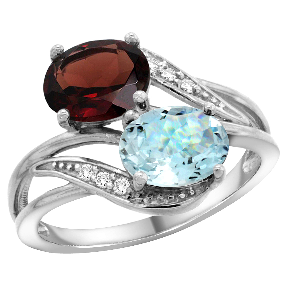 10K WHITE GOLD DIAMOND NATURAL GARNET & AQUAMARINE 2-STONE RING OVAL 8X6MM, SIZES 5 - 10