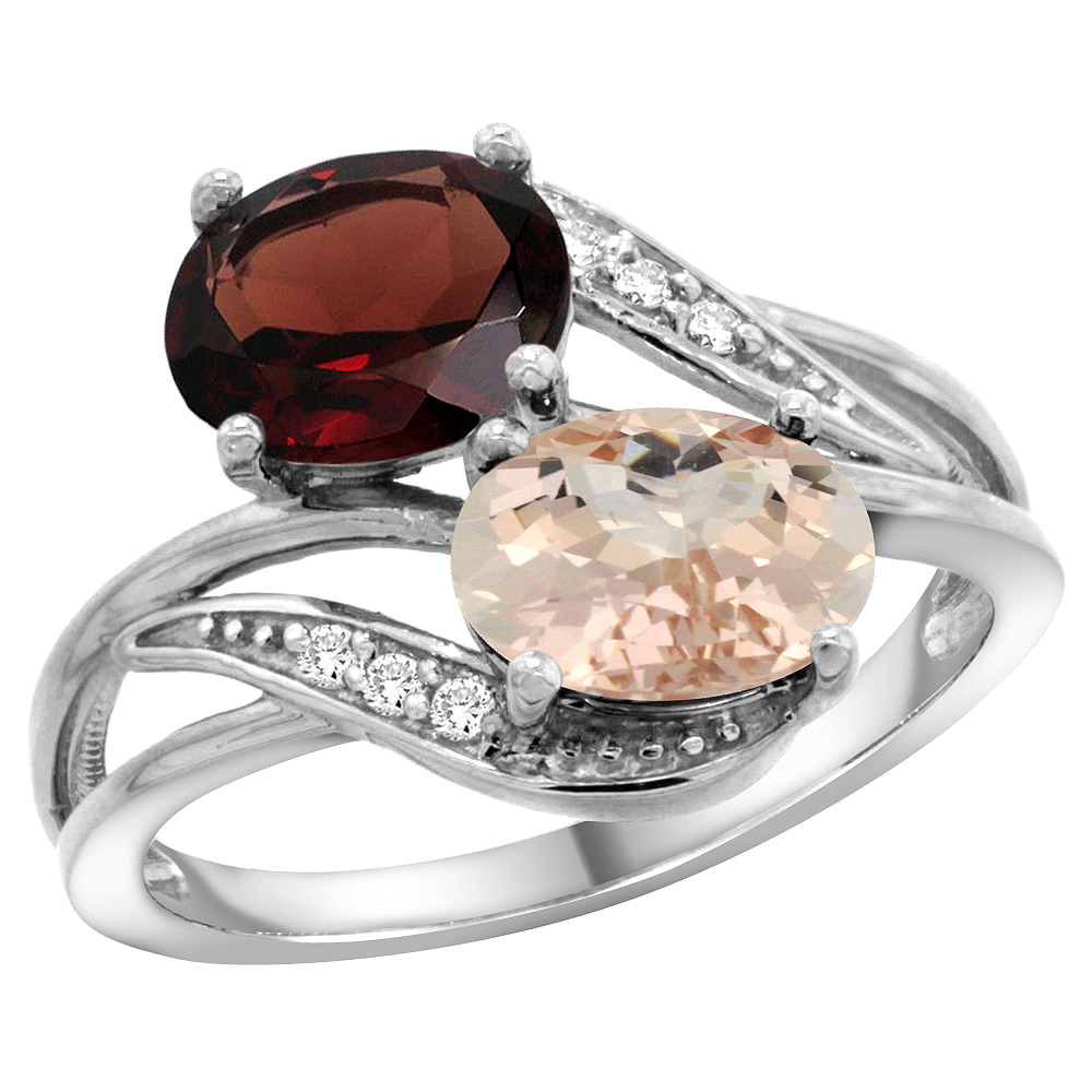 10K White Gold Diamond Natural Garnet & Morganite 2-stone Ring Oval 8x6mm, sizes 5 - 10