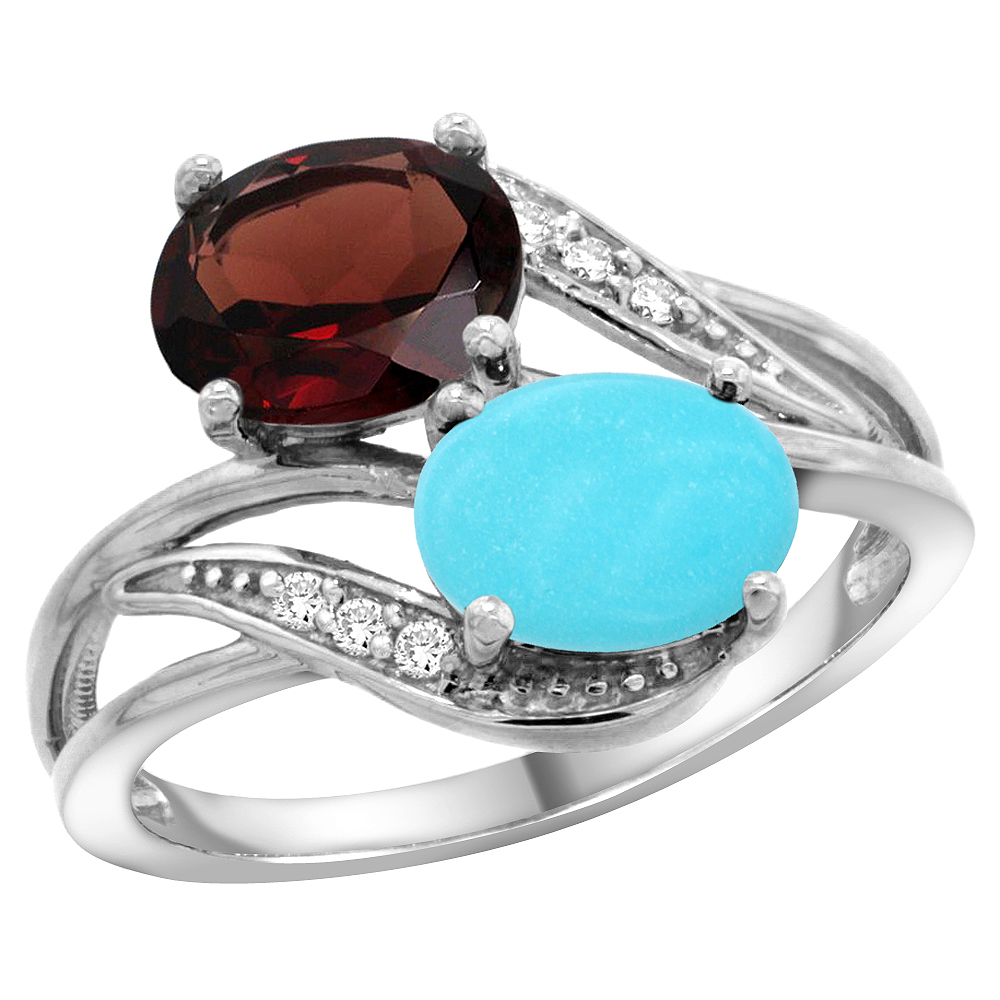 14K White Gold Diamond Natural Garnet & Turquoise 2-stone Ring Oval 8x6mm, sizes 5 - 10