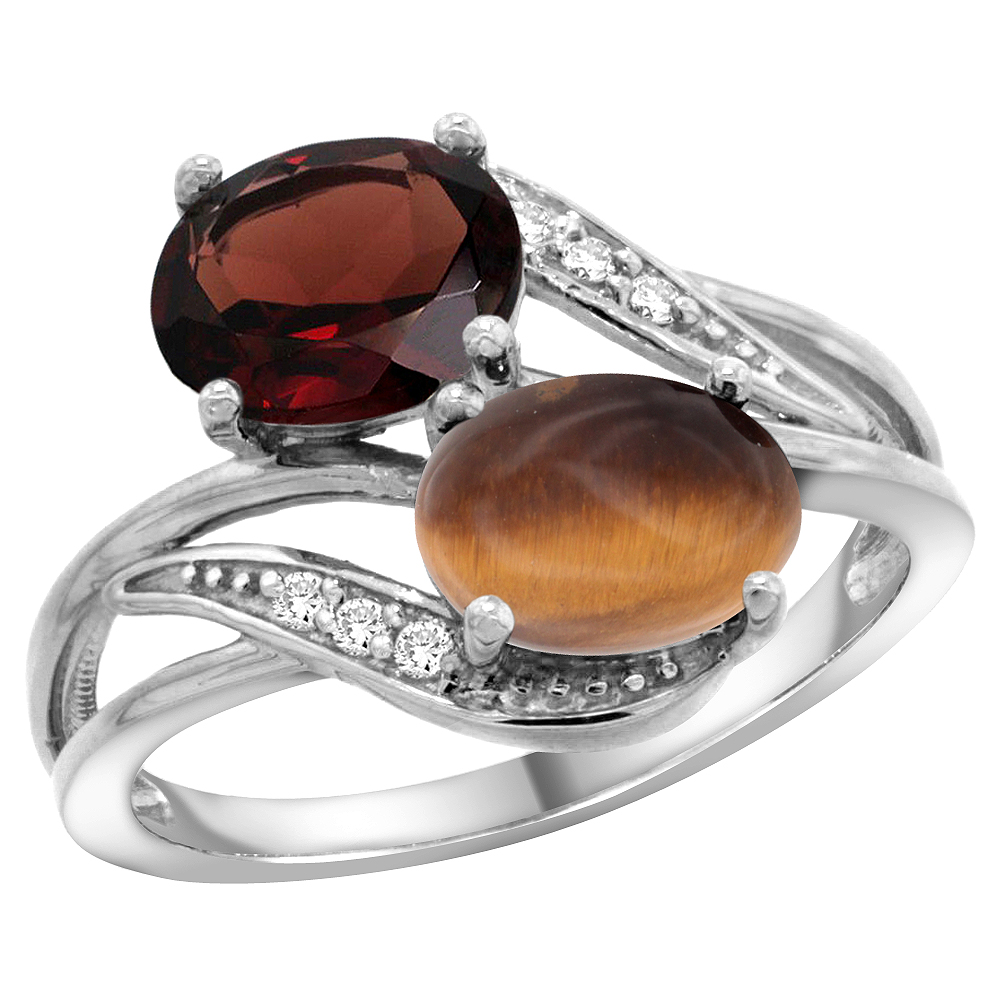 14K White Gold Diamond Natural Garnet & Tiger Eye 2-stone Ring Oval 8x6mm, sizes 5 - 10