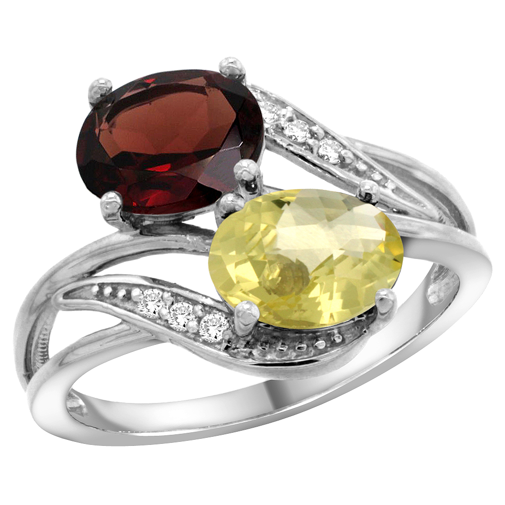 10K WHITE GOLD DIAMOND NATURAL GARNET & LEMON QUARTZ 2-STONE RING OVAL 8X6MM, SIZES 5 - 10