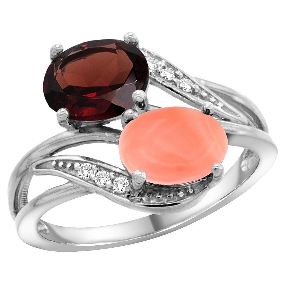 10K WHITE GOLD DIAMOND NATURAL GARNET & CORAL 2-STONE RING OVAL 8X6MM, SIZES 5 - 10