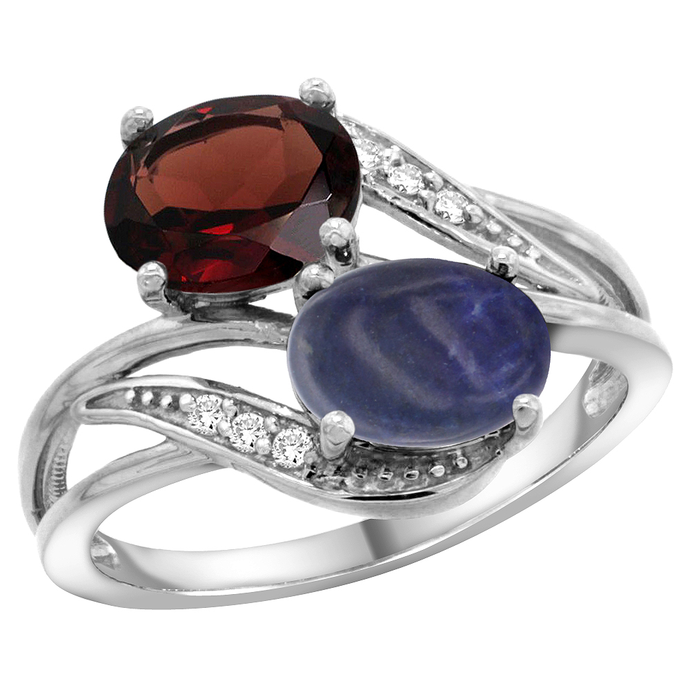10K WHITE GOLD DIAMOND NATURAL GARNET & LAPIS 2-STONE RING OVAL 8X6MM, SIZES 5 - 10