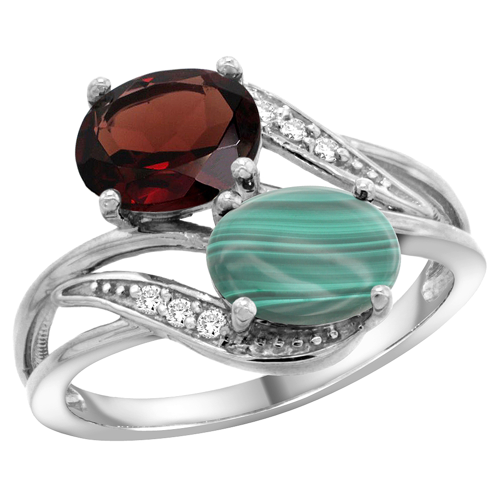 10K White Gold Diamond Natural Garnet & Malachite 2-stone Ring Oval 8x6mm, sizes 5 - 10