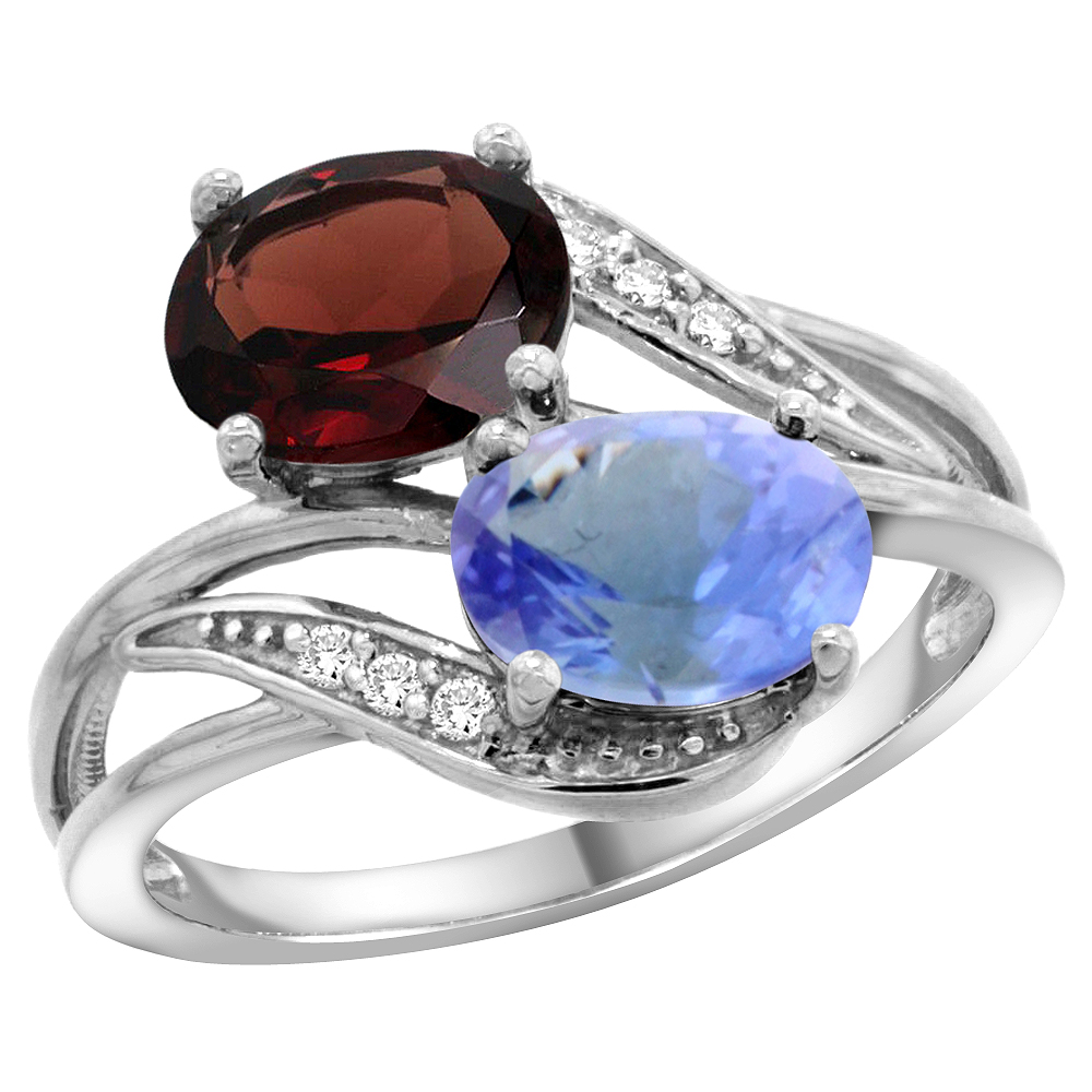 10K White Gold Diamond Natural Garnet & Tanzanite 2-stone Ring Oval 8x6mm, sizes 5 - 10