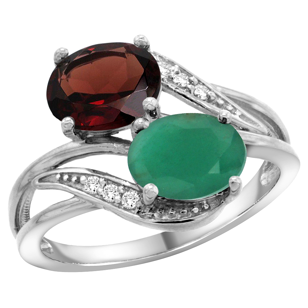 10K WHITE GOLD DIAMOND NATURAL GARNET EMERALD 2-STONE MOTHERS RING OVAL 8X6MM SIZE 5 - 10