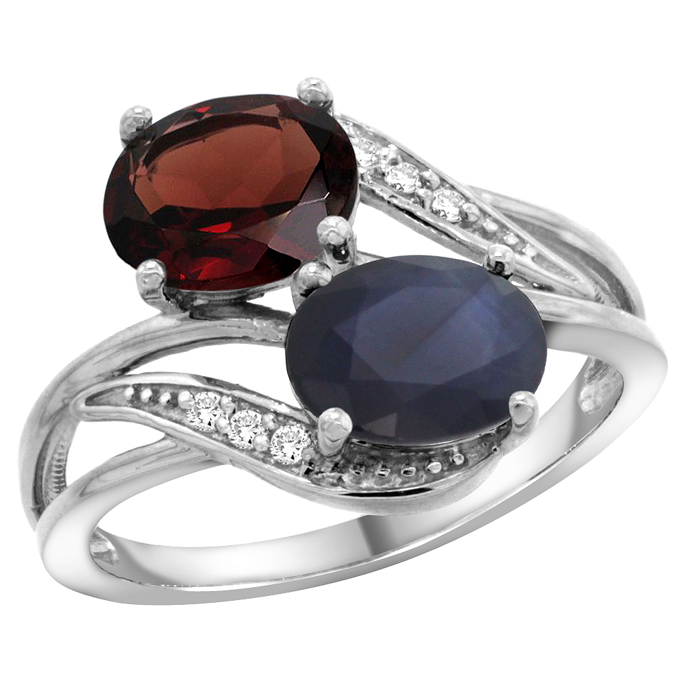 10K WHITE GOLD DIAMOND NATURAL GARNET BLUE SAPPHIRE 2-STONE MOTHERS RING OVAL 8X6MM SIZE 5 - 10