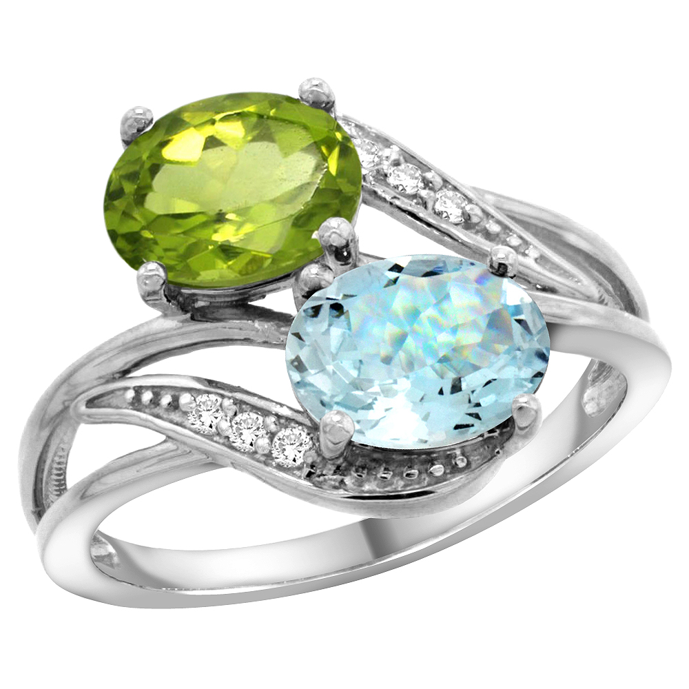 10K WHITE GOLD DIAMOND NATURAL PERIDOT & AQUAMARINE 2-STONE RING OVAL 8X6MM, SIZES 5 - 10