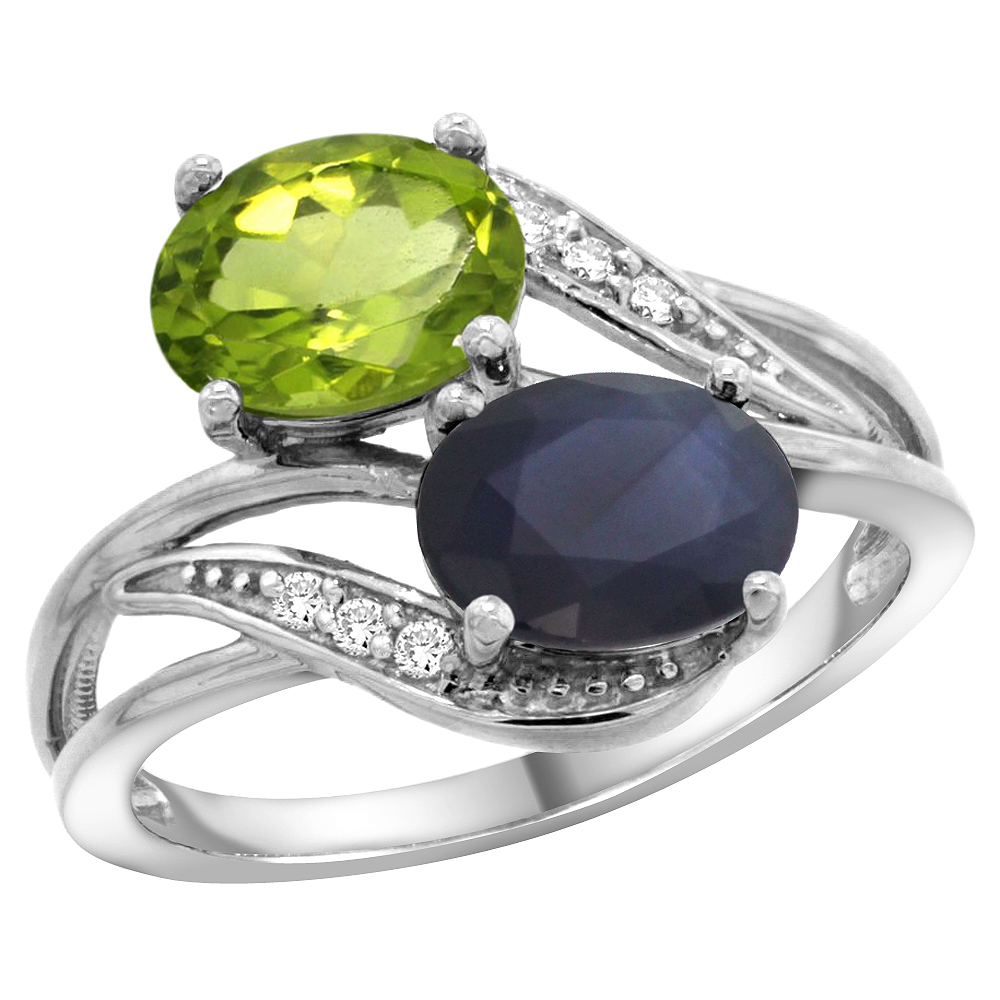 14K WHITE GOLD DIAMOND NATURAL PERIDOT & BLUE SAPPHIRE 2-STONE RING OVAL 8X6MM, SIZES 5 - 10