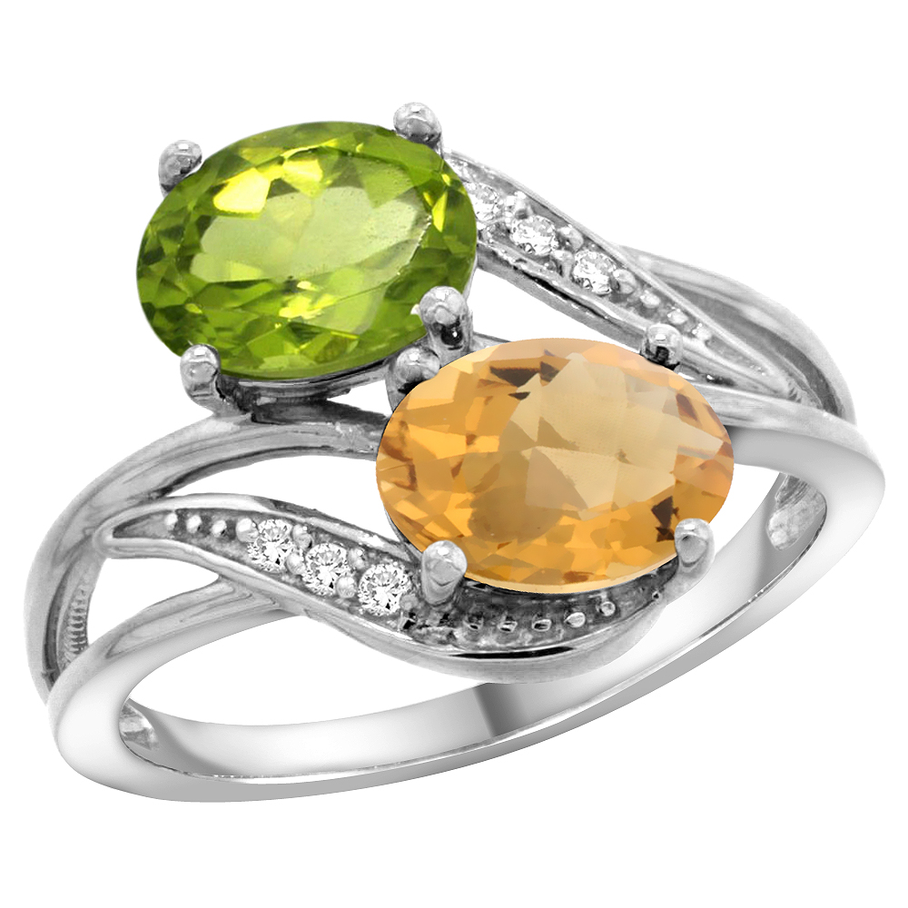 14K WHITE GOLD DIAMOND NATURAL PERIDOT & WHISKY QUARTZ 2-STONE RING OVAL 8X6MM, SIZES 5 - 10