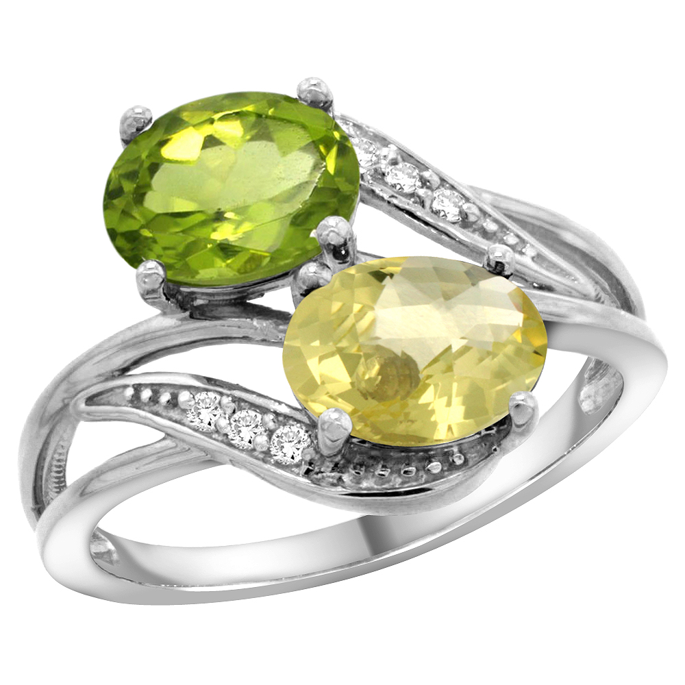 14K WHITE GOLD DIAMOND NATURAL PERIDOT & LEMON QUARTZ 2-STONE RING OVAL 8X6MM, SIZES 5 - 10