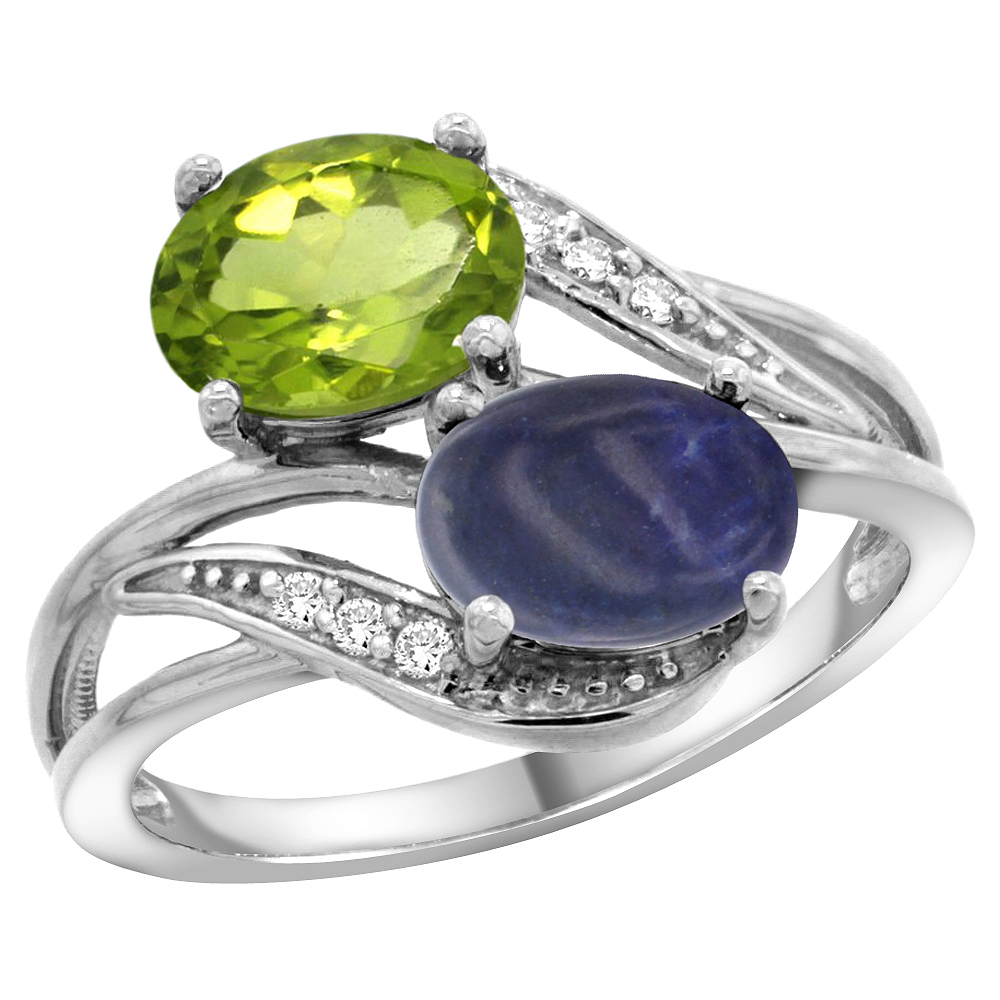14K WHITE GOLD DIAMOND NATURAL PERIDOT & LAPIS 2-STONE RING OVAL 8X6MM, SIZES 5 - 10