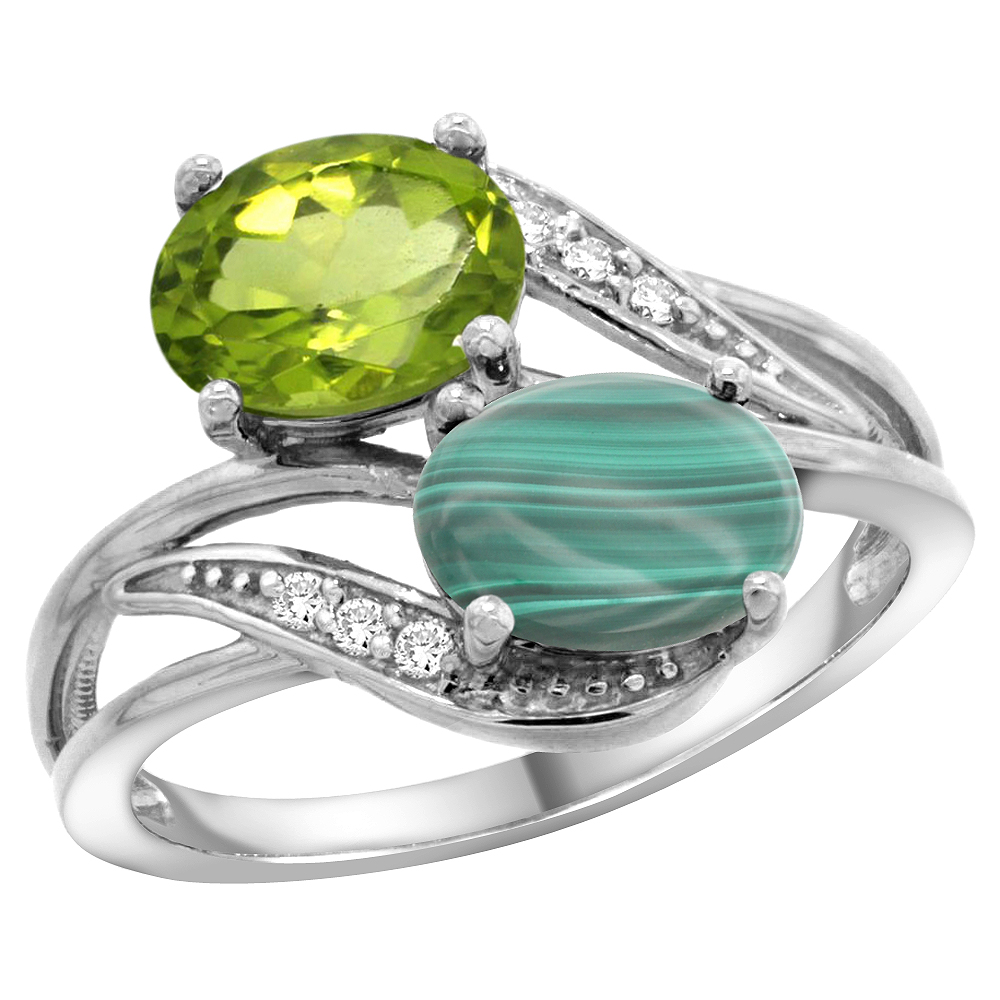 14K WHITE GOLD DIAMOND NATURAL PERIDOT & MALACHITE 2-STONE RING OVAL 8X6MM, SIZES 5 - 10