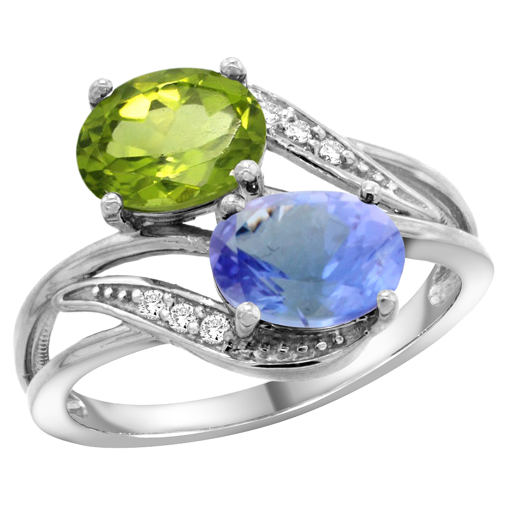 14K WHITE GOLD DIAMOND NATURAL PERIDOT & TANZANITE 2-STONE RING OVAL 8X6MM, SIZES 5 - 10