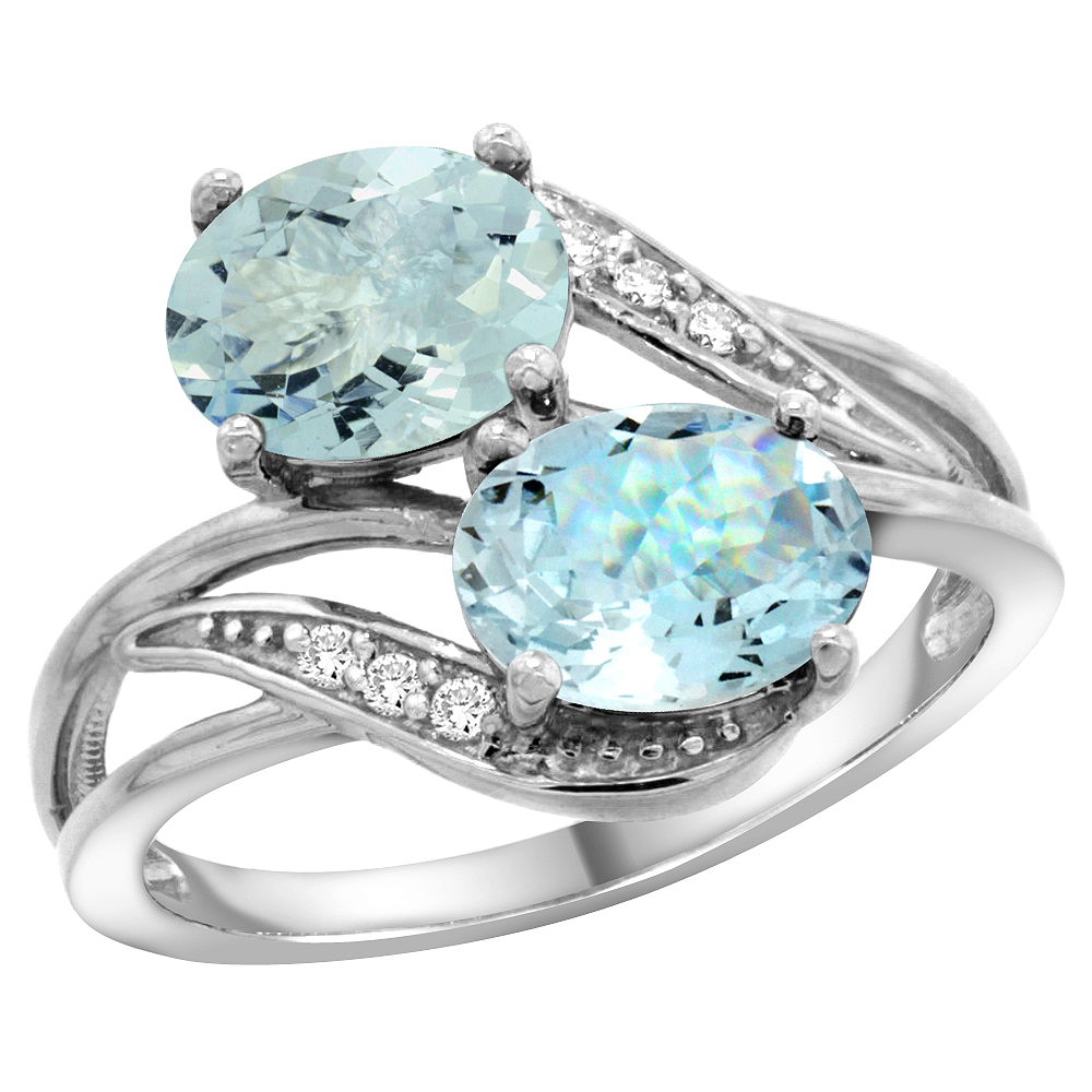 10K White Gold Diamond Natural Aquamarine 2-stone Ring Oval 8x6mm, sizes 5 - 10