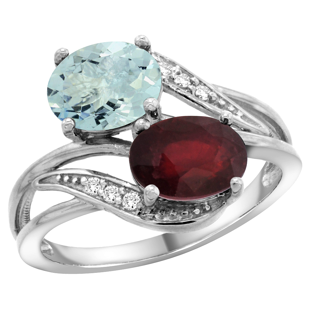 14K White Gold Diamond Natural Aquamarine &amp; Enhanced Ruby 2-stone Ring Oval 8x6mm, sizes 5 - 10