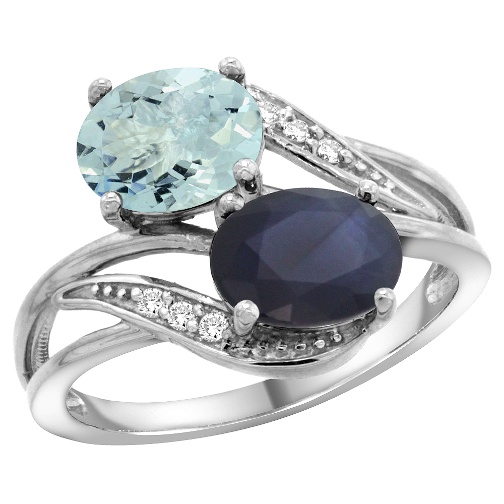 14K WHITE GOLD DIAMOND NATURAL AQUAMARINE & BLUE SAPPHIRE 2-STONE RING OVAL 8X6MM, SIZES 5 - 10
