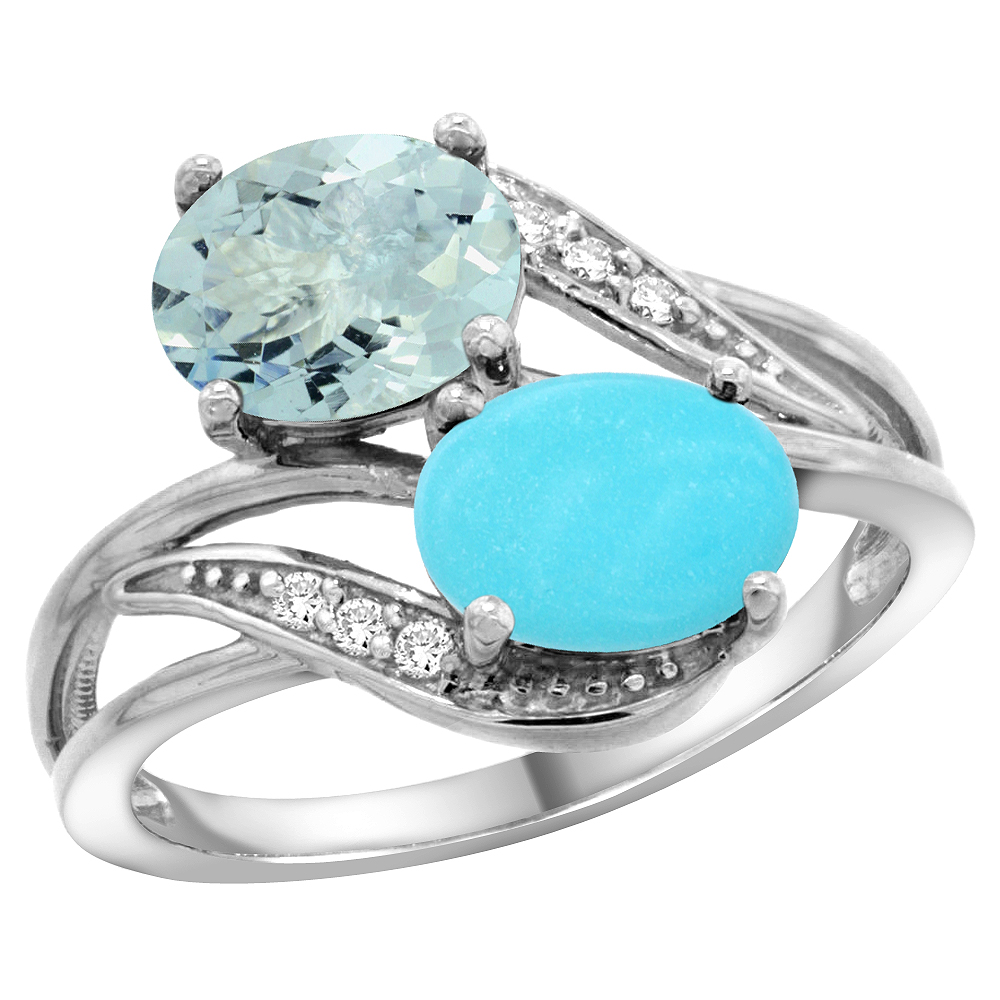 14K White Gold Diamond Natural Aquamarine &amp; Turquoise 2-stone Ring Oval 8x6mm, sizes 5 - 10