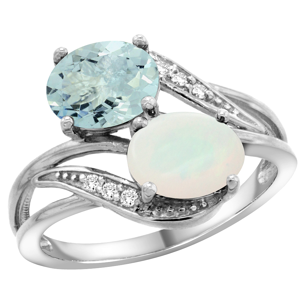 14K WHITE GOLD DIAMOND NATURAL AQUAMARINE & OPAL 2-STONE RING OVAL 8X6MM, SIZES 5 - 10