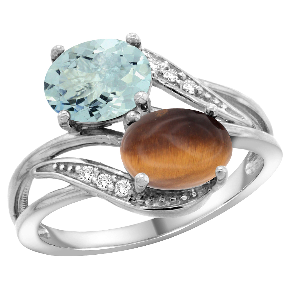 10K WHITE GOLD DIAMOND NATURAL AQUAMARINE & TIGER EYE 2-STONE RING OVAL 8X6MM, SIZES 5 - 10