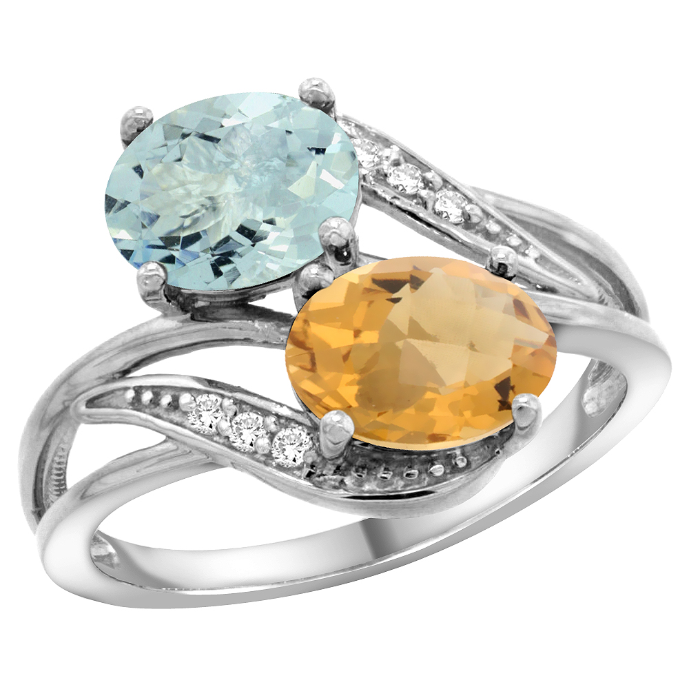 14K White Gold Diamond Natural Aquamarine & Whisky Quartz 2-stone Ring Oval 8x6mm, sizes 5 - 10