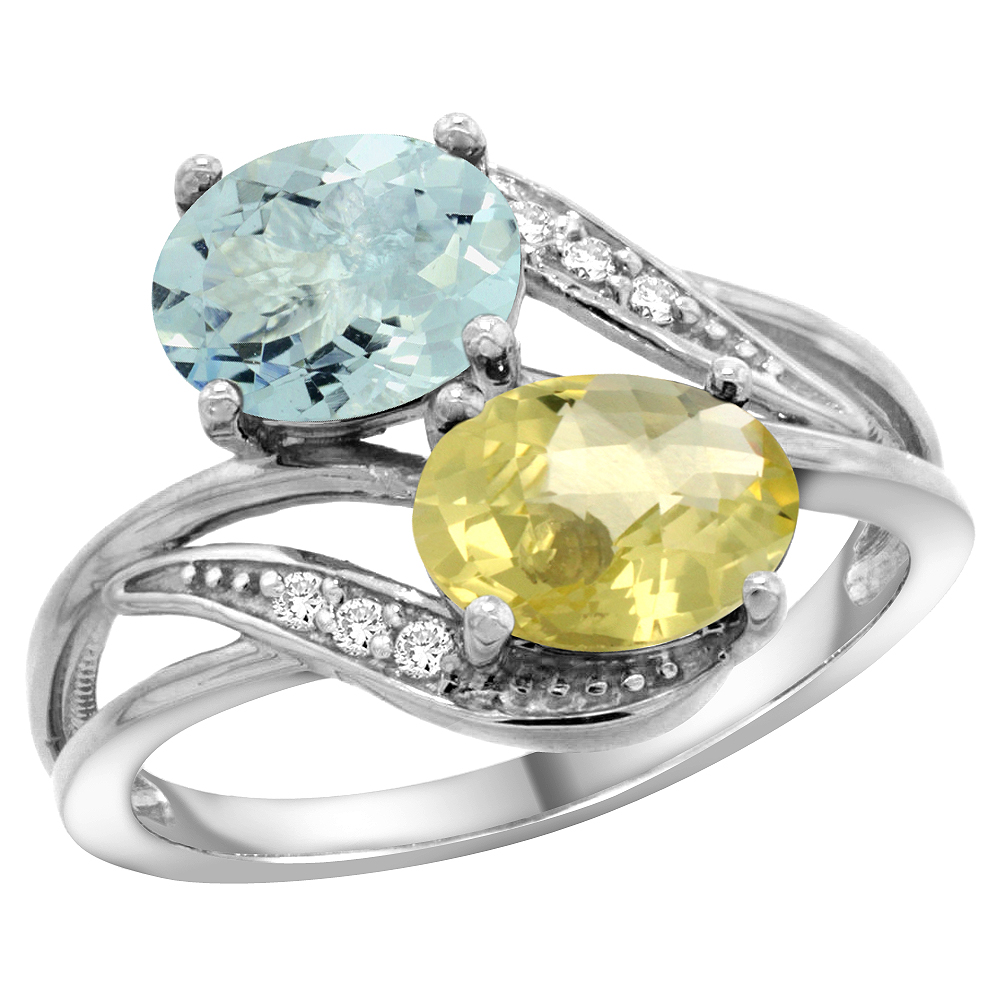 14K WHITE GOLD DIAMOND NATURAL AQUAMARINE & LEMON QUARTZ 2-STONE RING OVAL 8X6MM, SIZES 5 - 10