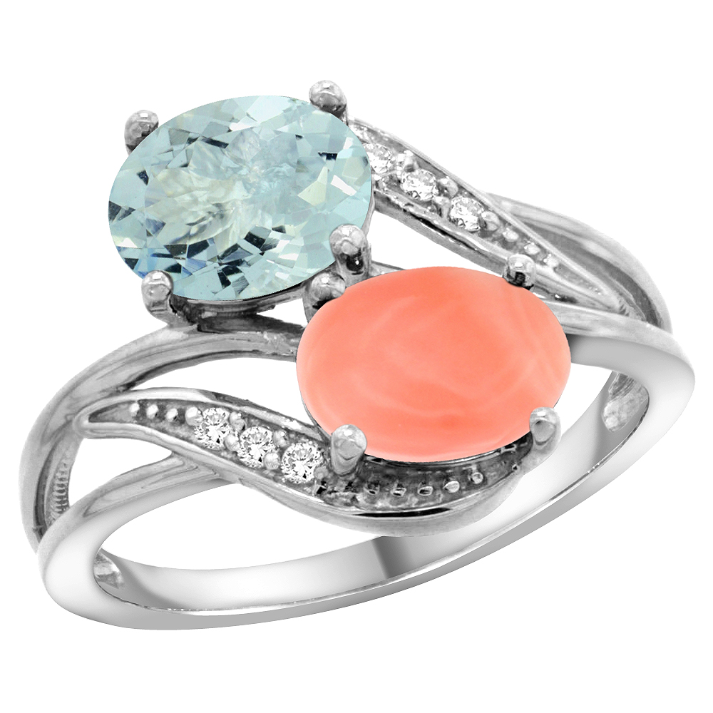 10K White Gold Diamond Natural Aquamarine &amp; Coral 2-stone Ring Oval 8x6mm, sizes 5 - 10