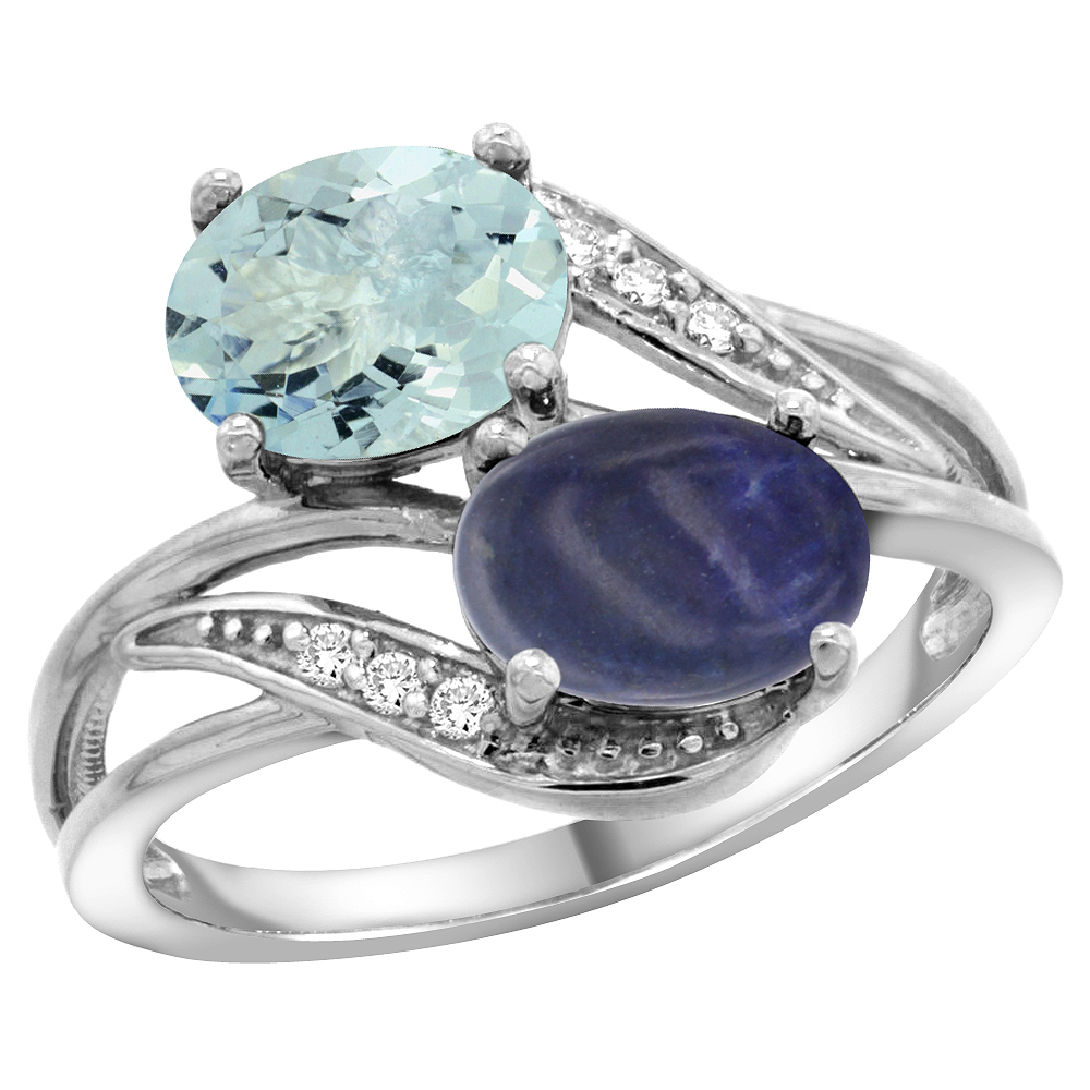 14K White Gold Diamond Natural Aquamarine &amp; Lapis 2-stone Ring Oval 8x6mm, sizes 5 - 10