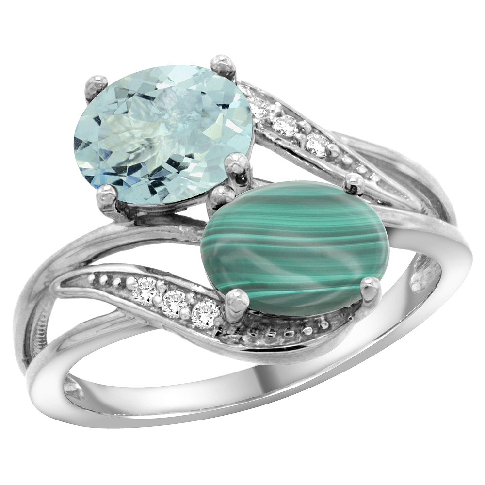 14K White Gold Diamond Natural Aquamarine & Malachite 2-stone Ring Oval 8x6mm, sizes 5 - 10