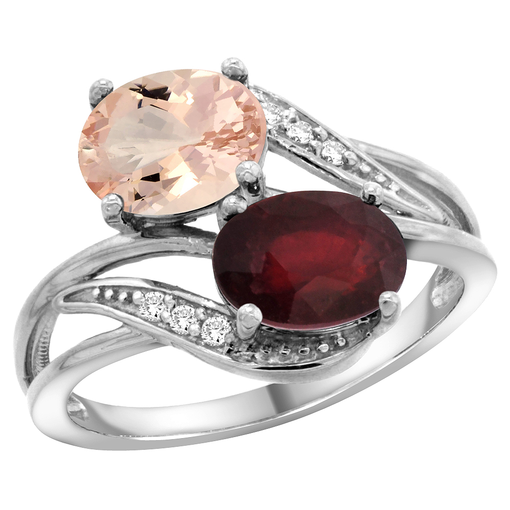 14K WHITE GOLD DIAMOND NATURAL MORGANITE & ENHANCED RUBY 2-STONE RING OVAL 8X6MM, SIZES 5 - 10