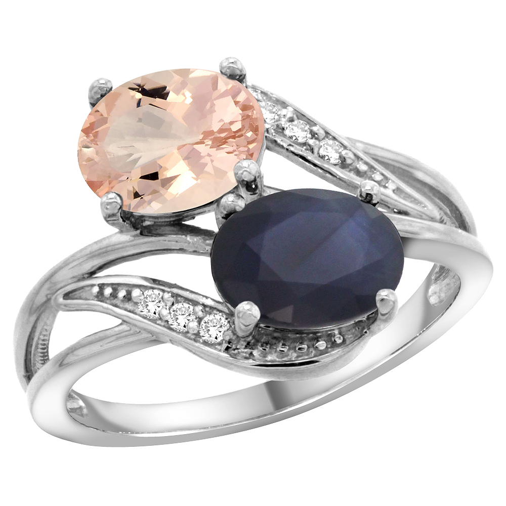 14K WHITE GOLD DIAMOND NATURAL MORGANITE & BLUE SAPPHIRE 2-STONE RING OVAL 8X6MM, SIZES 5 - 10