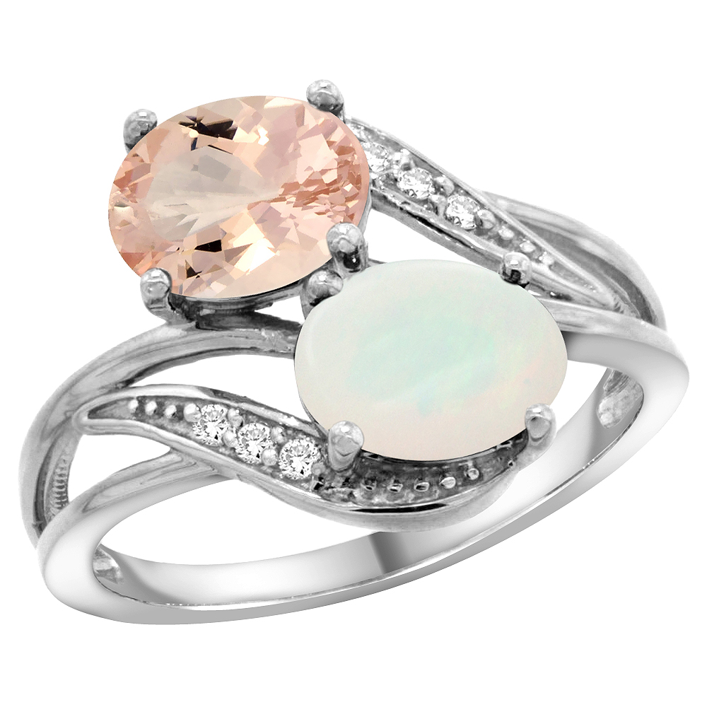 14K WHITE GOLD DIAMOND NATURAL MORGANITE & OPAL 2-STONE RING OVAL 8X6MM, SIZES 5 - 10
