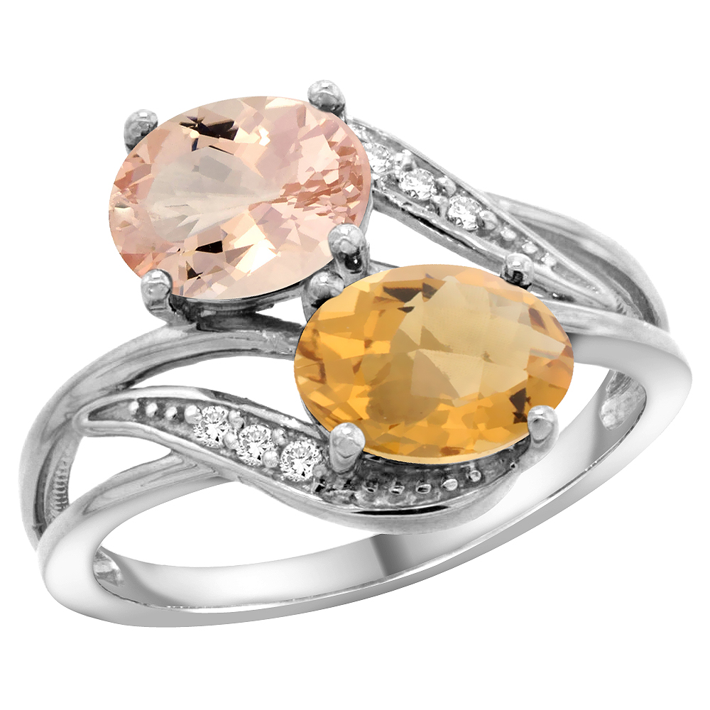 14K WHITE GOLD DIAMOND NATURAL MORGANITE & WHISKY QUARTZ 2-STONE RING OVAL 8X6MM, SIZES 5 - 10