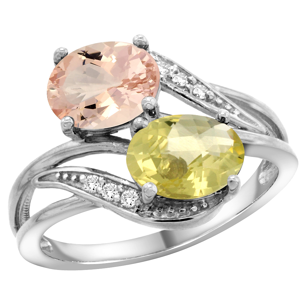 14K WHITE GOLD DIAMOND NATURAL MORGANITE & LEMON QUARTZ 2-STONE RING OVAL 8X6MM, SIZES 5 - 10