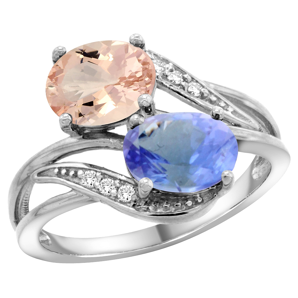 14K WHITE GOLD DIAMOND NATURAL MORGANITE & TANZANITE 2-STONE RING OVAL 8X6MM, SIZES 5 - 10