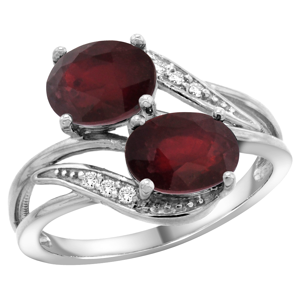 10K WHITE GOLD DIAMOND ENHANCED RUBY 2-STONE RING OVAL 8X6MM, SIZES 5 - 10