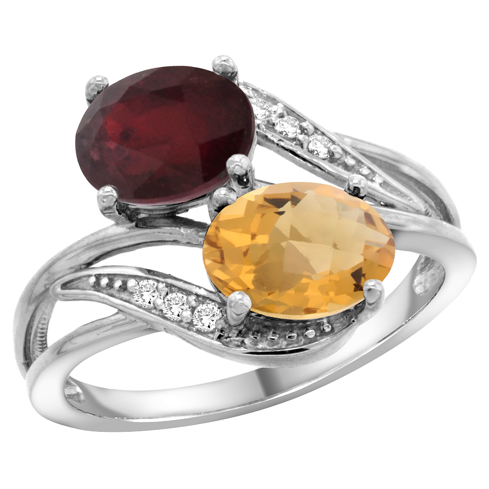 10K WHITE GOLD DIAMOND ENHANCED RUBY & NATURAL WHISKY QUARTZ 2-STONE RING OVAL 8X6MM, SIZES 5 - 10