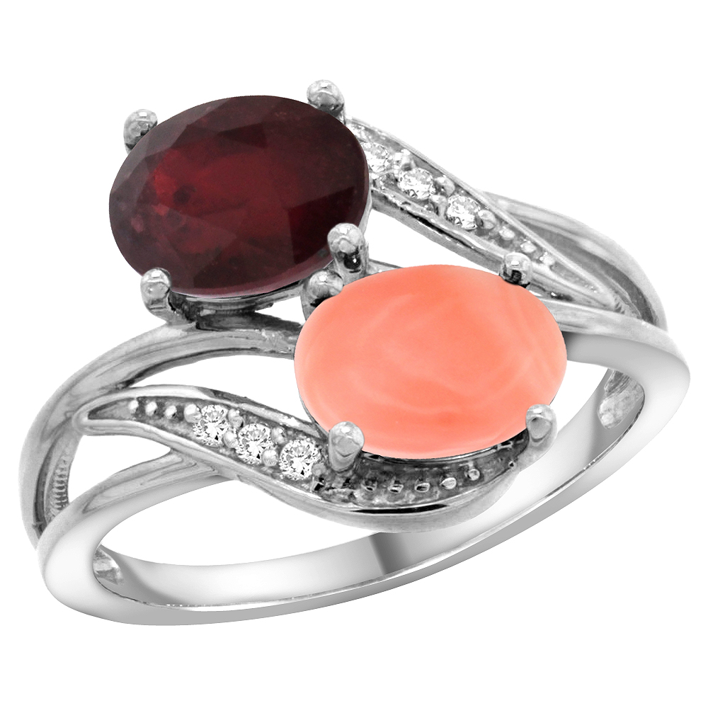 10K WHITE GOLD DIAMOND ENHANCED RUBY & NATURAL CORAL 2-STONE RING OVAL 8X6MM, SIZES 5 - 10