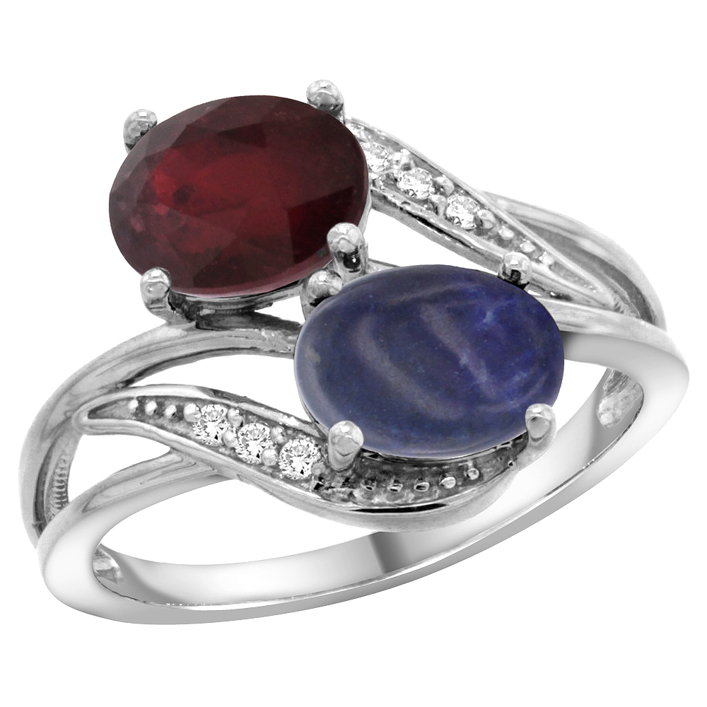 10K WHITE GOLD DIAMOND ENHANCED RUBY & NATURAL LAPIS 2-STONE RING OVAL 8X6MM, SIZES 5 - 10