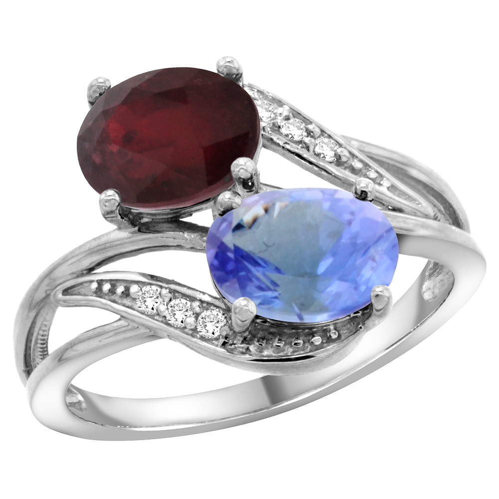 10K WHITE GOLD DIAMOND ENHANCED RUBY & NATURAL TANZANITE 2-STONE RING OVAL 8X6MM, SIZES 5 - 10