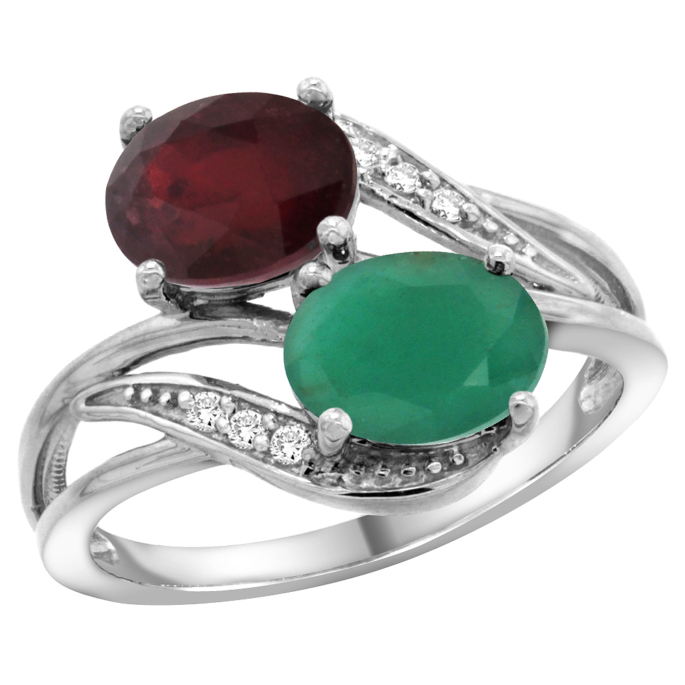 10K WHITE GOLD DIAMOND ENHANCED RUBY NATURAL EMERALD 2-STONE MOTHERS RING OVAL 8X6MM SIZE 5 - 10
