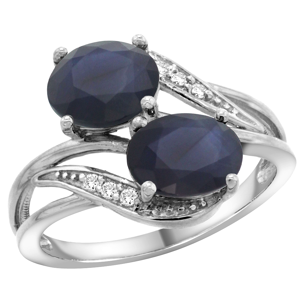 10K WHITE GOLD DIAMOND NATURAL BLUE SAPPHIRE 2-STONE RING OVAL 8X6MM, SIZES 5 - 10