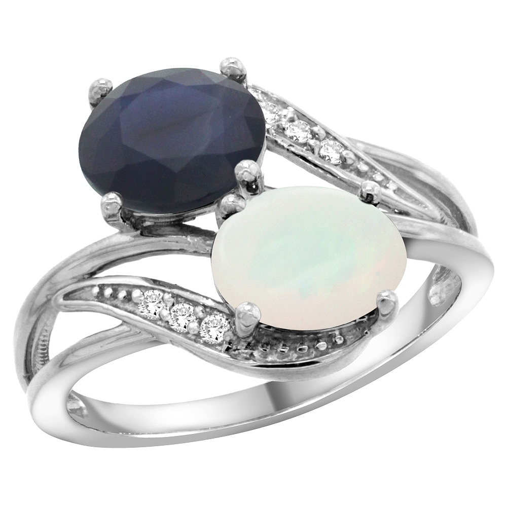 10K WHITE GOLD DIAMOND NATURAL BLUE SAPPHIRE & OPAL 2-STONE RING OVAL 8X6MM, SIZES 5 - 10