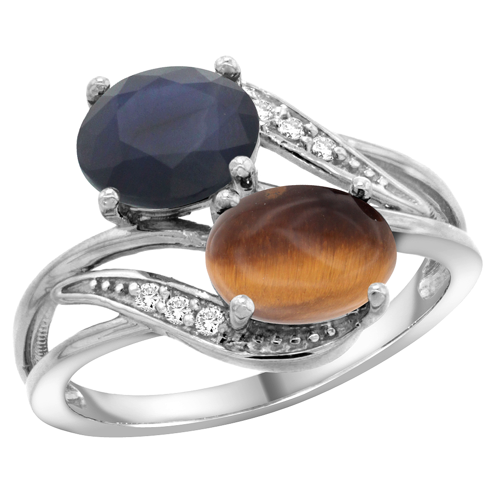 10K WHITE GOLD DIAMOND NATURAL BLUE SAPPHIRE & TIGER EYE 2-STONE RING OVAL 8X6MM, SIZES 5 - 10
