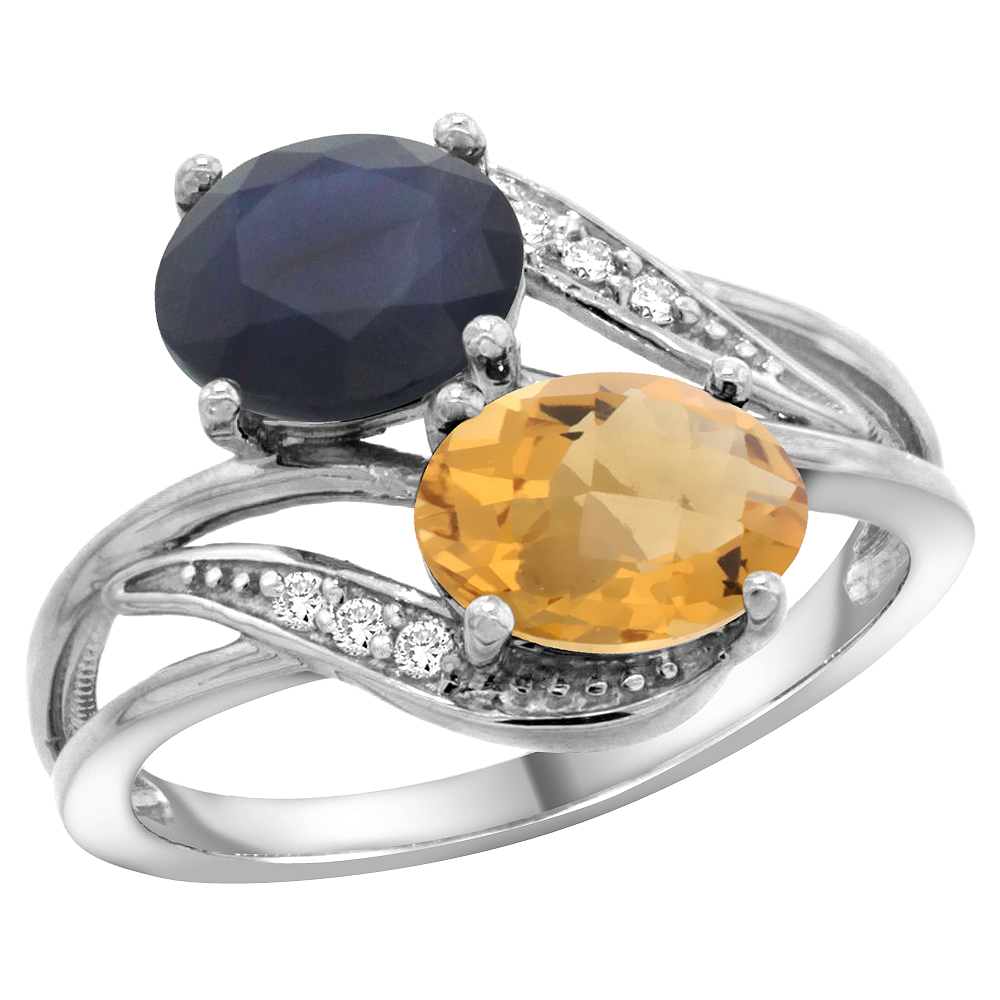 14K White Gold Diamond Natural Blue Sapphire & Whisky Quartz 2-stone Ring Oval 8x6mm, sizes 5 - 10