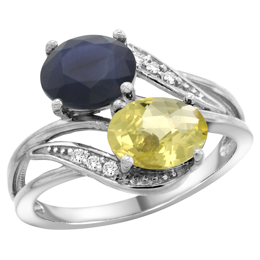 10K White Gold Diamond Natural Blue Sapphire & Lemon Quartz 2-stone Ring Oval 8x6mm, sizes 5 - 10