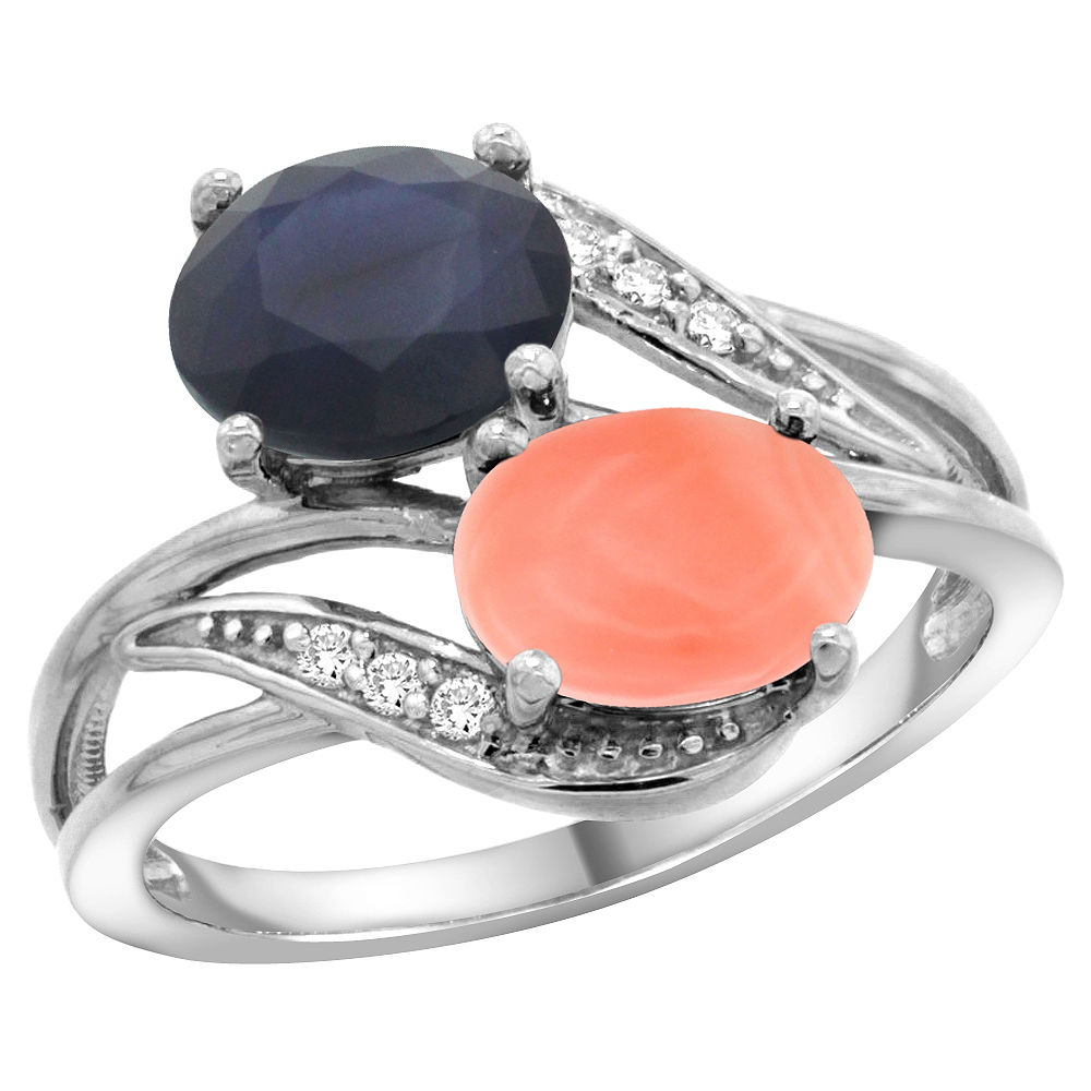 10K WHITE GOLD DIAMOND NATURAL BLUE SAPPHIRE & CORAL 2-STONE RING OVAL 8X6MM, SIZES 5 - 10