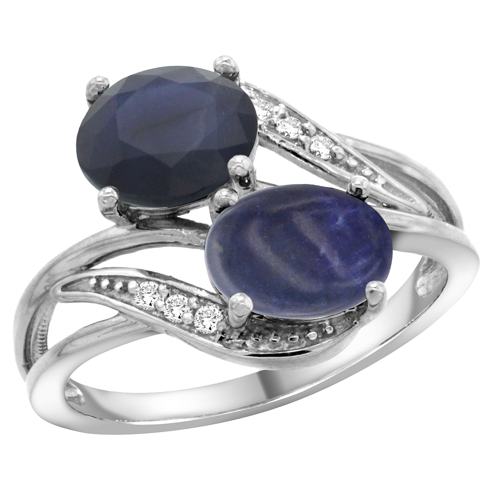 14K White Gold Diamond Natural Australian Sapphire & Lapis 2-stone Ring Oval 8x6mm, sizes 5 - 10