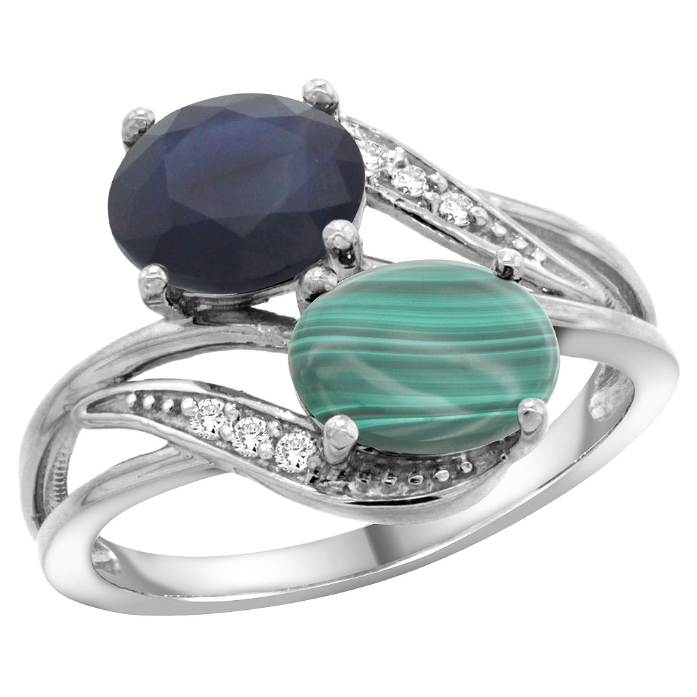 14K White Gold Diamond Natural Australian Sapphire & Malachite 2-stone Ring Oval 8x6mm, sizes 5 - 10