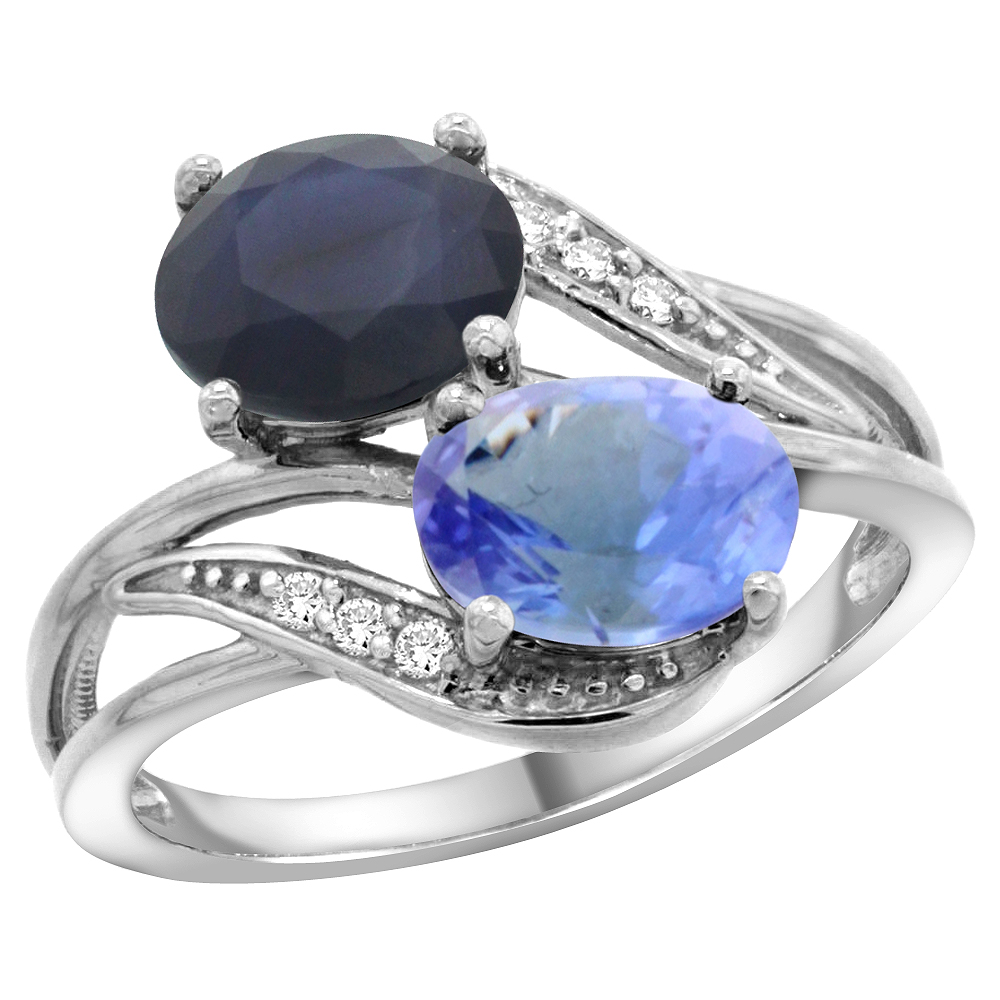 10K WHITE GOLD DIAMOND NATURAL BLUE SAPPHIRE & TANZANITE 2-STONE RING OVAL 8X6MM, SIZES 5 - 10